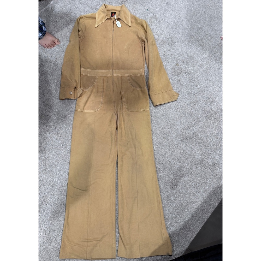 Vintage 70s HRL Jumpsuit Ltd Tan Faux Suede Wide Leg Coverall Disco Retro 40315